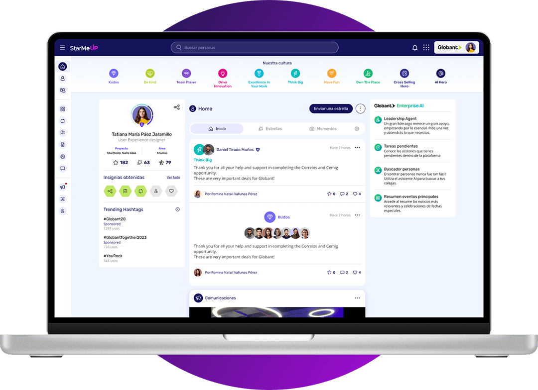 Vista previa de la plataforma de engagement de StarMeUp con reconocimientos y conexiones que construyen cultura